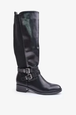 Kozaki Damskie Przed Kolano Na Płaskim Obcasie Z Klamrami Czarne Lotina