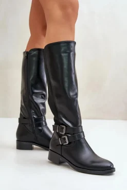 Kozaki Damskie Przed Kolano Na Płaskim Obcasie Z Klamrami Czarne Lotina