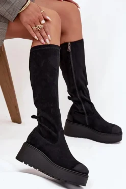Kozaki Damskie Przed Kolano Na Platformie I Koturnie Vinceza 58342 Czarne