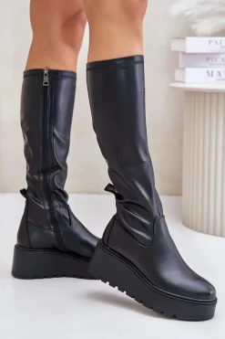 Kozaki Damskie Przed Kolano Na Platformie I Koturnie Vinceza 58342 Czarne