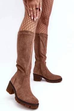 Kozaki Damskie Przed Kolano Na Niskim Obcasie Brązowe Beveta