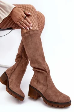 Kozaki Damskie Przed Kolano Na Niskim Obcasie Brązowe Beveta