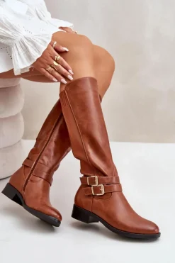 Kozaki Damskie Przed Kolano Na Płaskim Obcasie Z Klamrami Camel Lotina