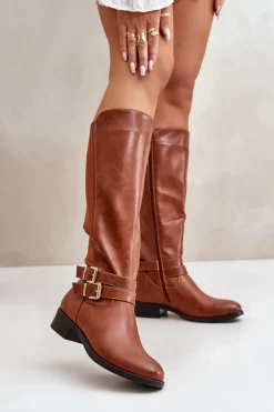 Kozaki Damskie Przed Kolano Na Płaskim Obcasie Z Klamrami Camel Lotina