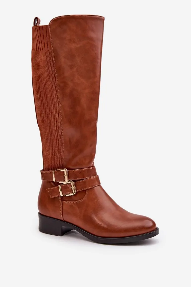 Kozaki Damskie Przed Kolano Na Płaskim Obcasie Z Klamrami Camel Lotina