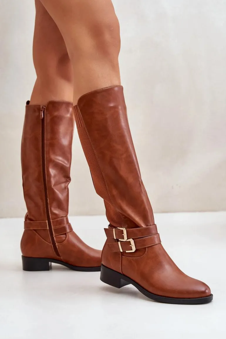 Kozaki Damskie Przed Kolano Na Płaskim Obcasie Z Klamrami Camel Lotina