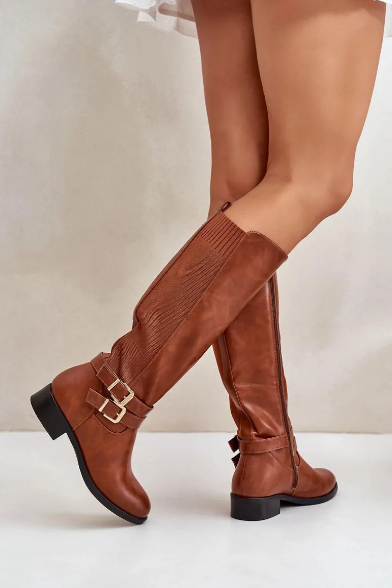 Kozaki Damskie Przed Kolano Na Płaskim Obcasie Z Klamrami Camel Lotina