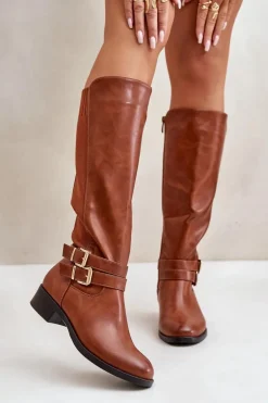 Kozaki Damskie Przed Kolano Na Płaskim Obcasie Z Klamrami Camel Lotina