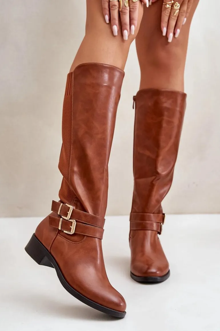 Kozaki Damskie Przed Kolano Na Płaskim Obcasie Z Klamrami Camel Lotina