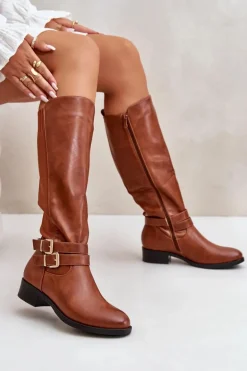 Kozaki Damskie Przed Kolano Na Płaskim Obcasie Z Klamrami Camel Lotina