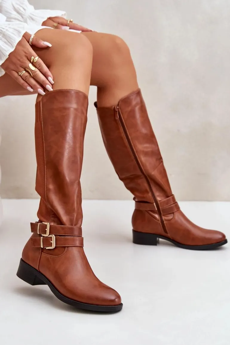 Kozaki Damskie Przed Kolano Na Płaskim Obcasie Z Klamrami Camel Lotina