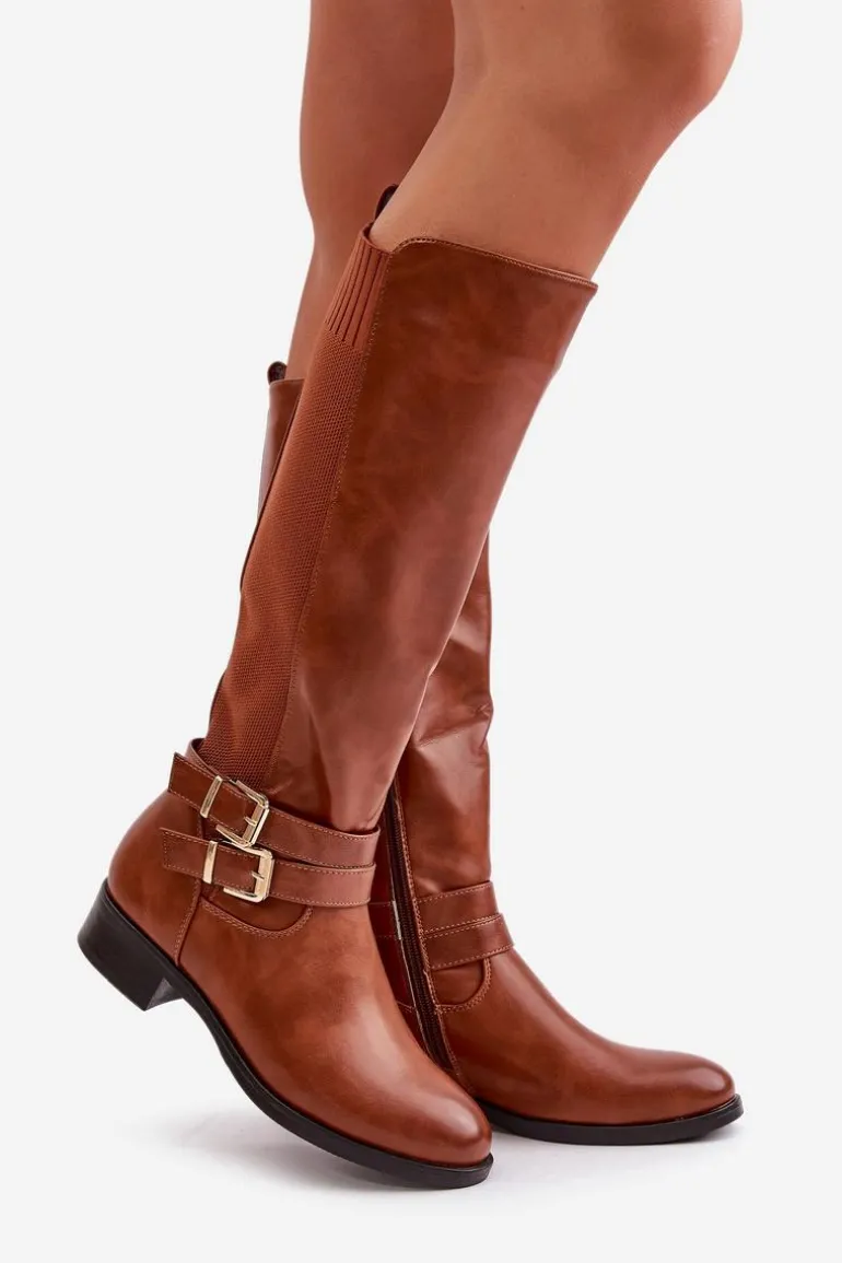 Kozaki Damskie Przed Kolano Na Płaskim Obcasie Z Klamrami Camel Lotina