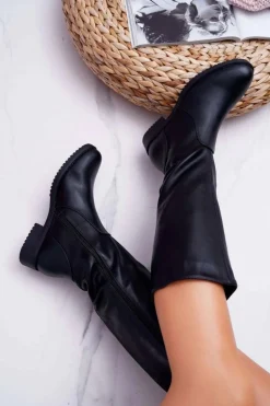 Kozaki Damskie Sergio Leone Z Gumką w Cholewce Ocieplane Czarne KZ528