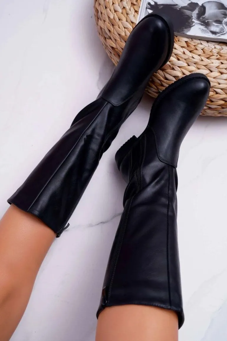 Kozaki Damskie Sergio Leone Z Gumką w Cholewce Ocieplane Czarne KZ528