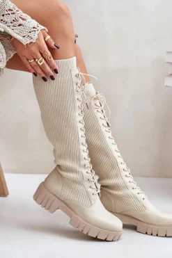 Kozaki Damskie Skarpetkowe Sznurowane Na Płaskim Obcasie Beżowe Vamisha