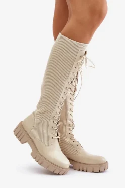 Kozaki Damskie Skarpetkowe Sznurowane Na Płaskim Obcasie Beżowe Vamisha