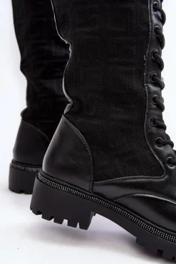 Kozaki Damskie Sznurowane Z Elastyczną Cholewką Czarne Virxinia