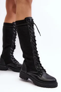Kozaki Damskie Sznurowane Z Elastyczną Cholewką Czarne Virxinia