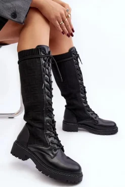 Kozaki Damskie Sznurowane Z Elastyczną Cholewką Czarne Virxinia