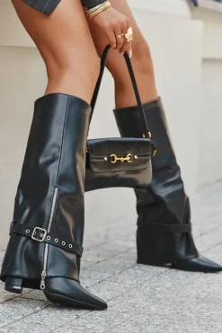 Kozaki Damskie Wsuwane Na Słupku Z Ozdobnym Paskiem Eko Skórzane Czarne Jolivine