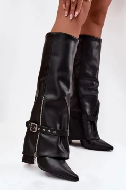 Kozaki Damskie Wsuwane Na Słupku Z Ozdobnym Paskiem Eko Skórzane Czarne Jolivine