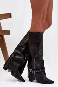 Kozaki Damskie Wsuwane Na Słupku Z Ozdobnym Paskiem Eko Skórzane Czarne Jolivine