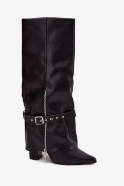 Kozaki Damskie Wsuwane Na Słupku Z Ozdobnym Paskiem Eko Skórzane Czarne Jolivine