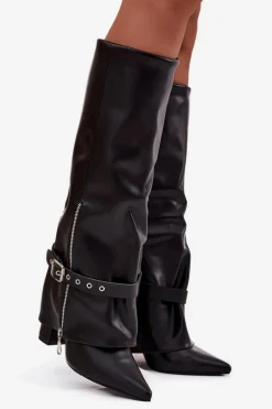 Kozaki Damskie Wsuwane Na Słupku Z Ozdobnym Paskiem Eko Skórzane Czarne Jolivine