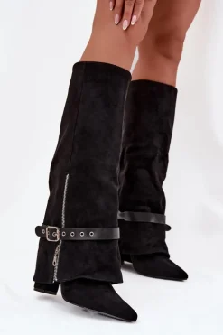 Kozaki Damskie Wsuwane Na Słupku Z Ozdobnym Paskiem Czarne Jolivine