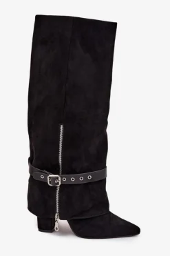 Kozaki Damskie Wsuwane Na Słupku Z Ozdobnym Paskiem Czarne Jolivine