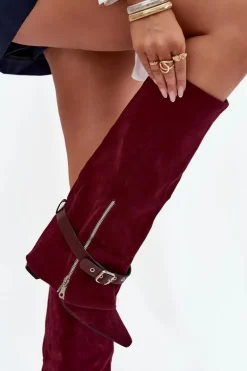 Kozaki Damskie Wsuwane Na Słupku Z Ozdobnym Paskiem Bordowe Jolivine