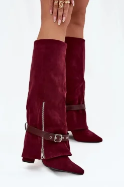 Kozaki Damskie Wsuwane Na Słupku Z Ozdobnym Paskiem Bordowe Jolivine