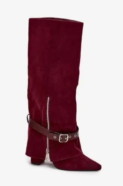 Kozaki Damskie Wsuwane Na Słupku Z Ozdobnym Paskiem Bordowe Jolivine