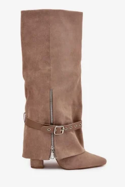 Kozaki Damskie Wsuwane Na Słupku Z Ozdobnym Paskiem Beżowe Jolivine