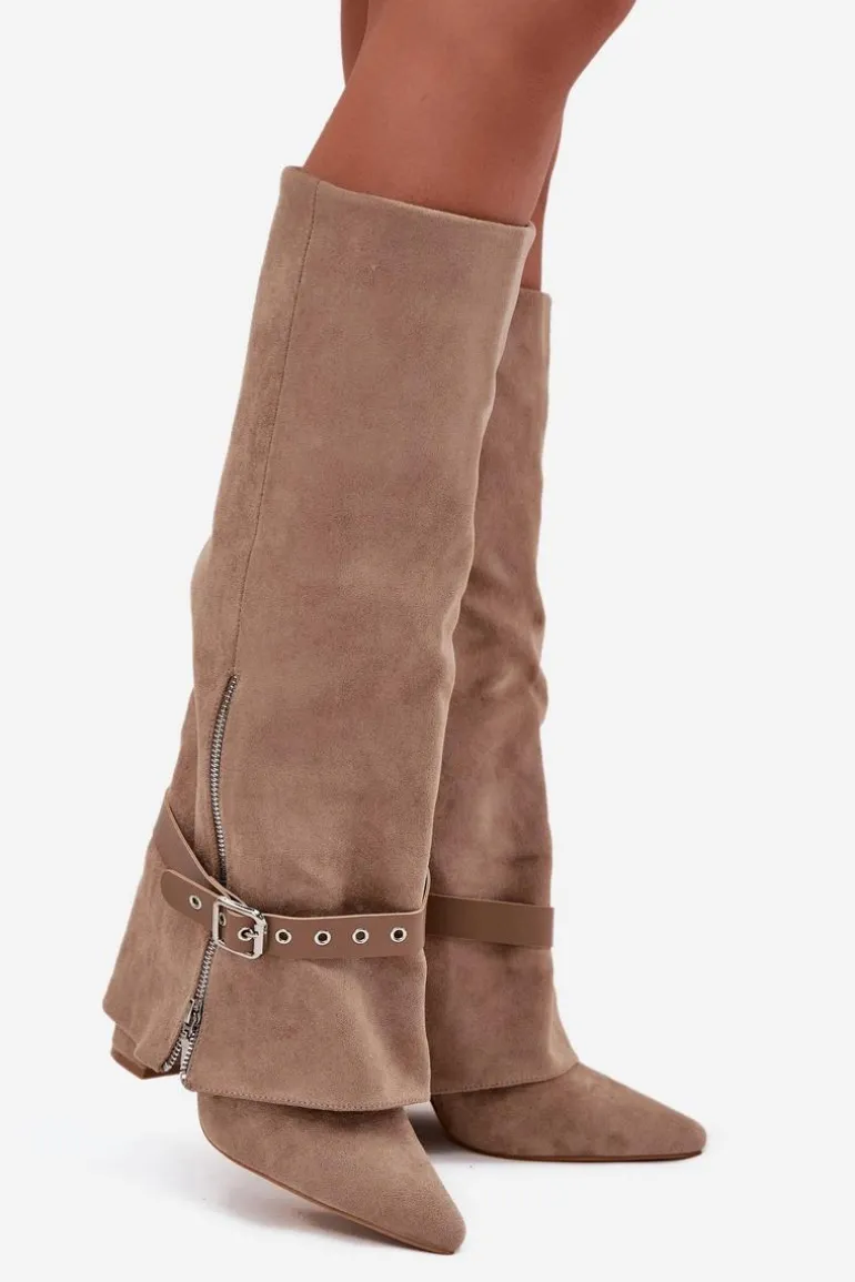 Kozaki Damskie Wsuwane Na Słupku Z Ozdobnym Paskiem Beżowe Jolivine