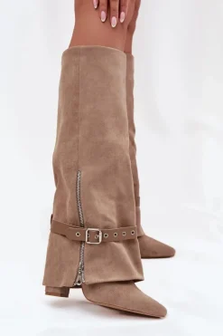 Kozaki Damskie Wsuwane Na Słupku Z Ozdobnym Paskiem Beżowe Jolivine