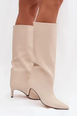 Kozaki Damskie Wsuwane Ocieplane Na Szpilce Jasnobeżowe Olivienne