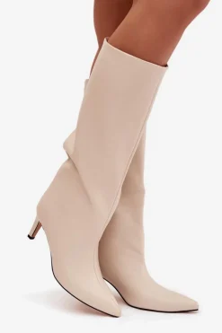 Kozaki Damskie Wsuwane Ocieplane Na Szpilce Jasnobeżowe Olivienne