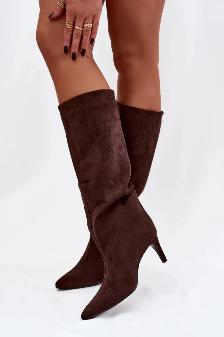 Kozaki Damskie Wsuwane Ocieplane Na Szpilce Czekoladowe Olivienne