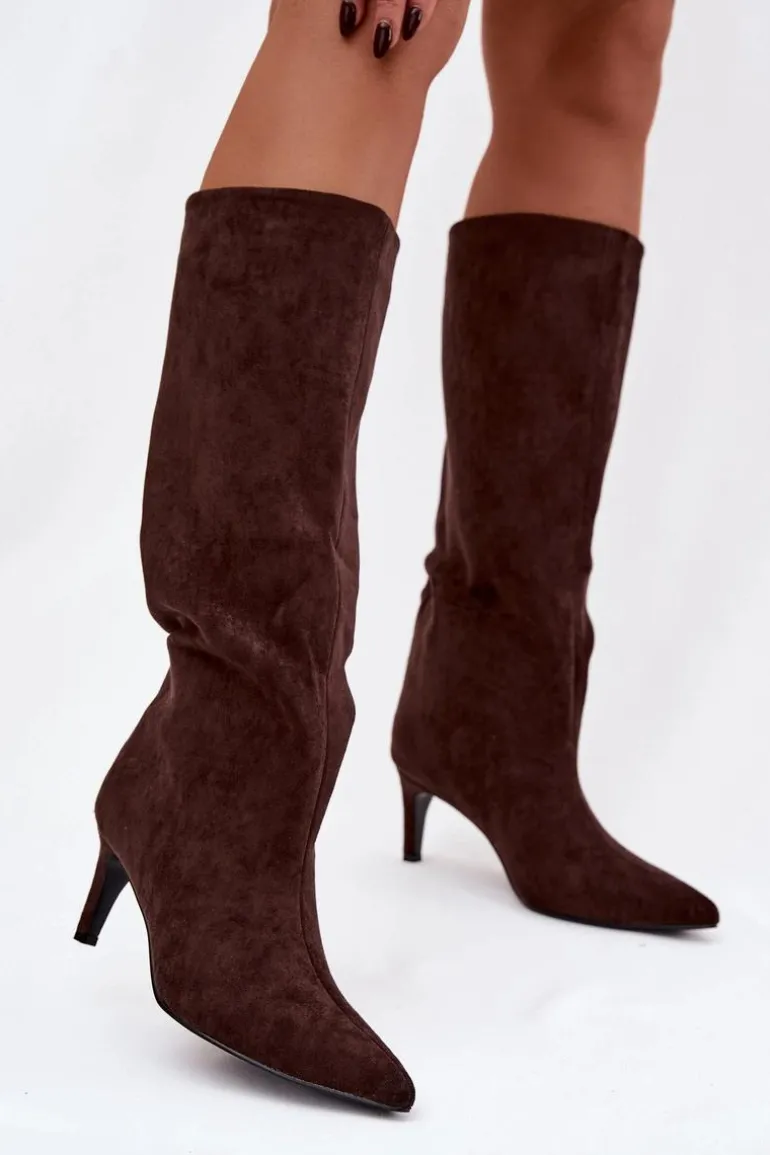 Kozaki Damskie Wsuwane Ocieplane Na Szpilce Czekoladowe Olivienne