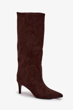 Kozaki Damskie Wsuwane Ocieplane Na Szpilce Czekoladowe Olivienne