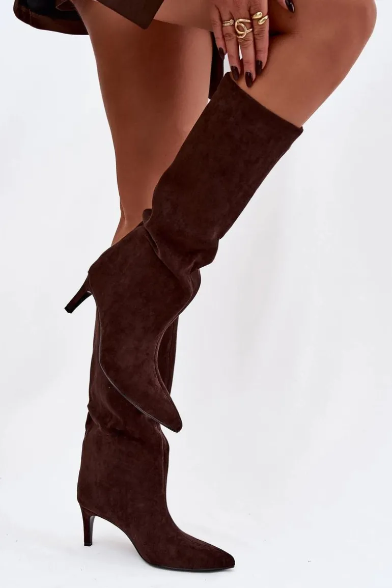 Kozaki Damskie Wsuwane Ocieplane Na Szpilce Czekoladowe Olivienne