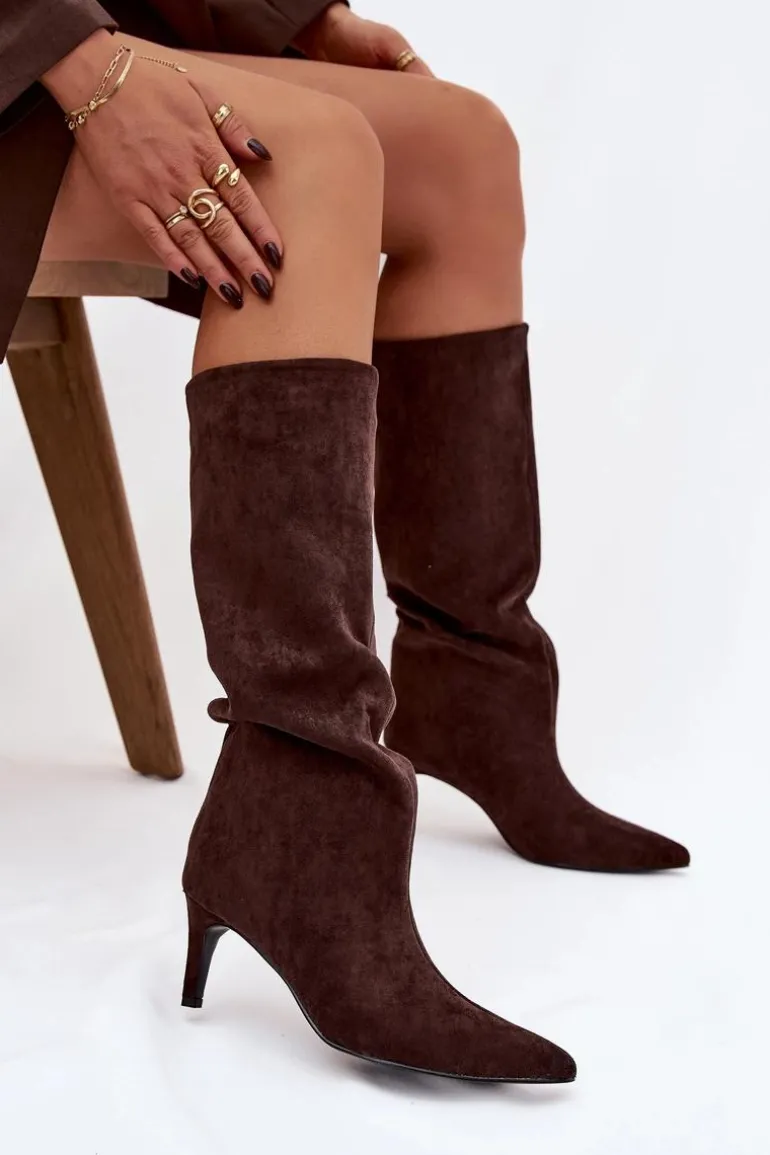 Kozaki Damskie Wsuwane Ocieplane Na Szpilce Czekoladowe Olivienne