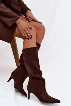 Kozaki Damskie Wsuwane Ocieplane Na Szpilce Czekoladowe Olivienne