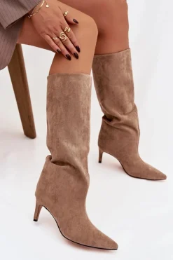 Kozaki Damskie Wsuwane Ocieplane Na Szpilce Beżowe Olivienne