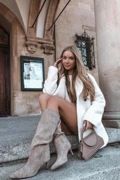 Kozaki Damskie Wsuwane Ocieplane Na Szpilce Beżowe Olivienne