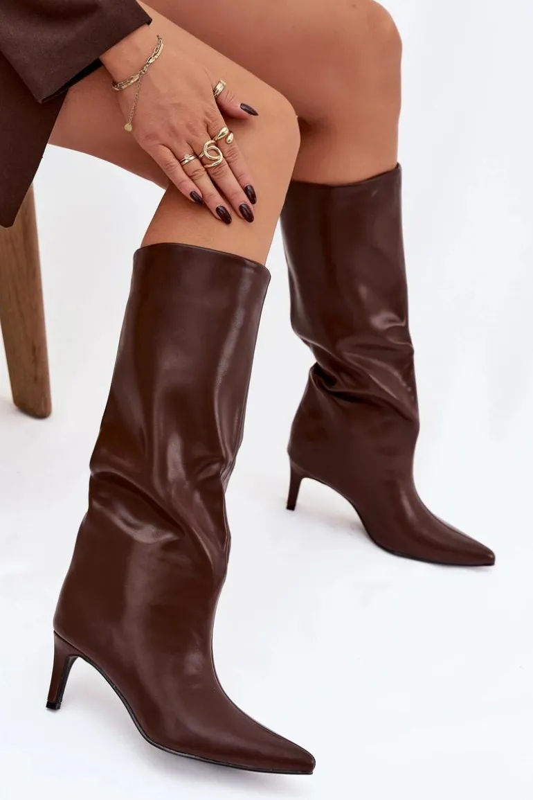 Kozaki Damskie Wsuwane Ocieplane Na Szpilce Brązowe Olivienne