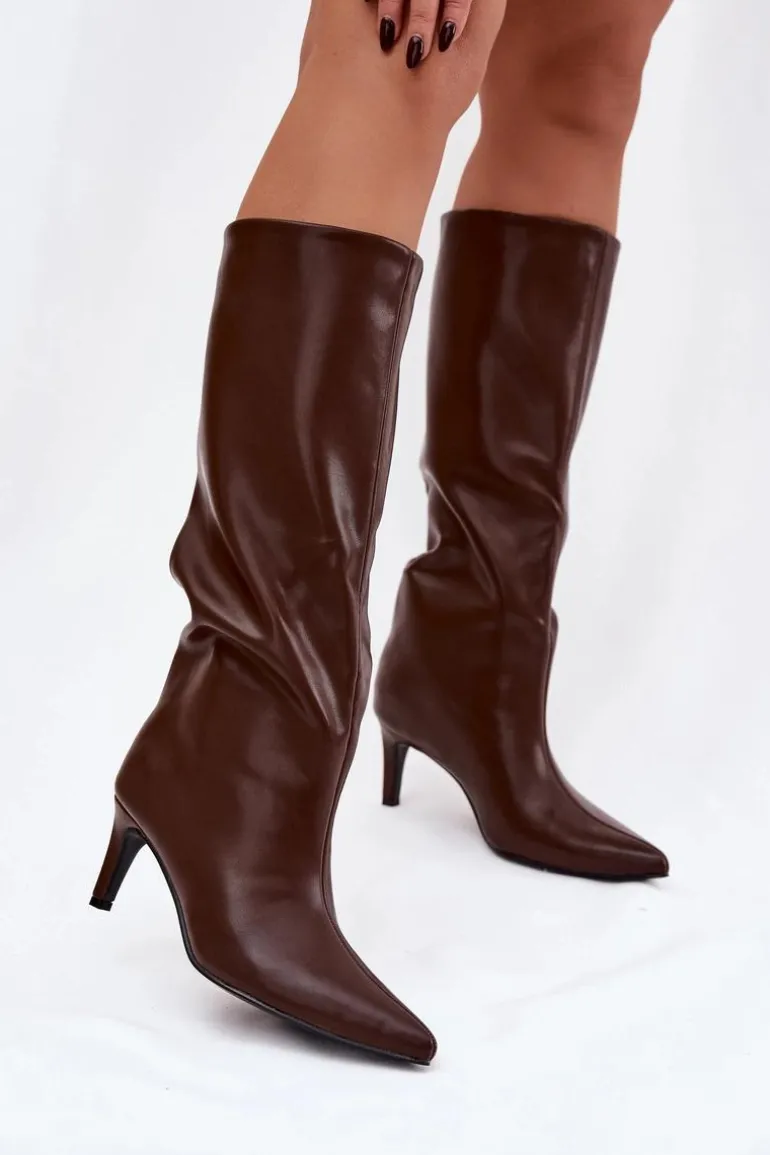 Kozaki Damskie Wsuwane Ocieplane Na Szpilce Brązowe Olivienne