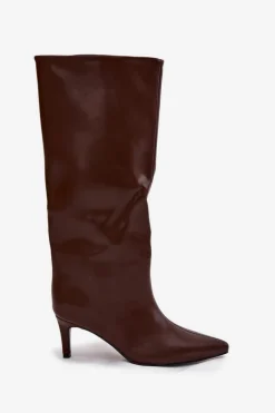 Kozaki Damskie Wsuwane Ocieplane Na Szpilce Brązowe Olivienne