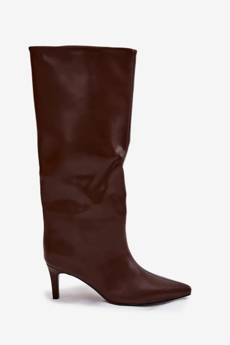 Kozaki Damskie Wsuwane Ocieplane Na Szpilce Brązowe Olivienne